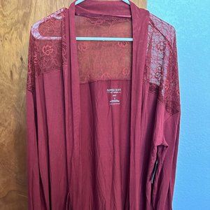 Lace inset soft drape cardigan - burgundy